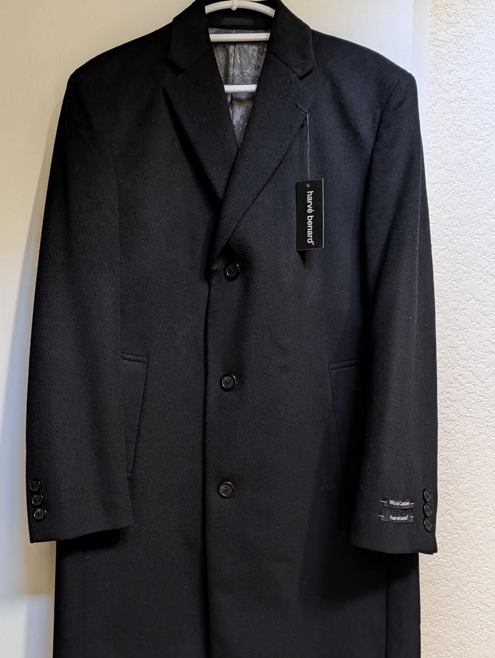 Harve Bernard Men's Black M Wool Cashmere Overcoat - Classic Single-Breasted NWT